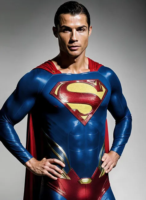 photo of sks person as superman cristianoronaldo-ti <lora:lora-small-cristiano-ronaldo-v1:0.2> <lora:locon_cristianoronaldo_v1_from_v1_64_32:0.3>, natural lighting, superman costume ((superman))