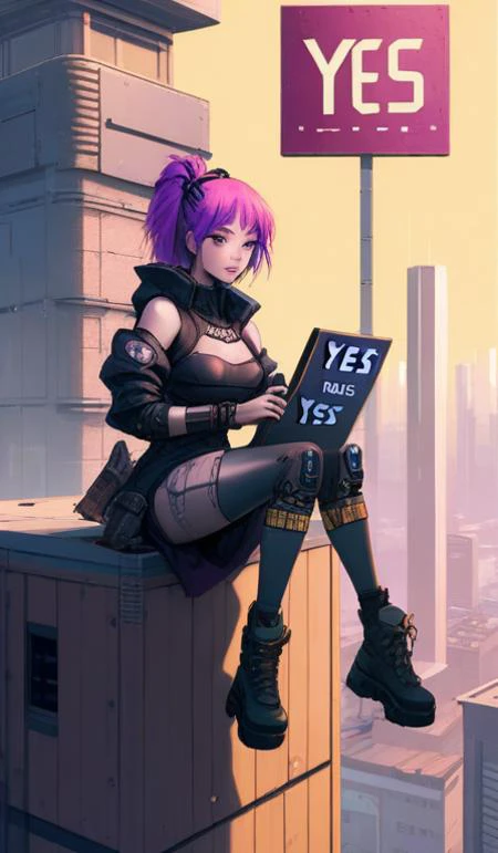 The girl in a cyberpunk dress is sitting on the top of building holding the sign,Holding a wooden plaque with YES! written on it,