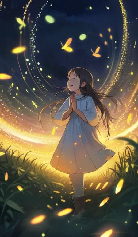 (masterpiece, high res, best quality), 1 girl, priestess, hood, closed eyes,Night, night sky, meadow, surrounded by fireflies, surrounded by small light balls, circled by small light balls, Cheerful smile, holding out hands to catch fireflies, holding out ...