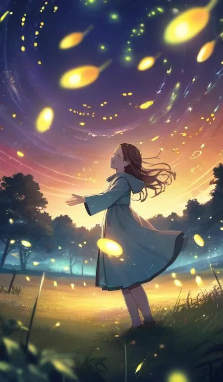 (masterpiece, high res, best quality), 1 girl, priestess, hood, closed eyes,Night, night sky, meadow, surrounded by fireflies, surrounded by small light balls, circled by small light balls, Cheerful smile, holding out hands to catch fireflies, holding out ...