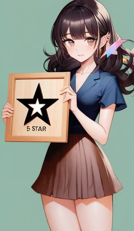 there is a fashion girl holding up a small wooden plaque carved with the word "5 STAR" in the center.