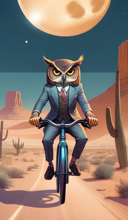 cartoon owl riding a bike in the desert with a full moon in the background