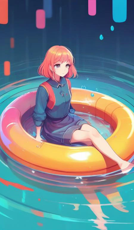 a girl sitting on an inflatable raft in the water