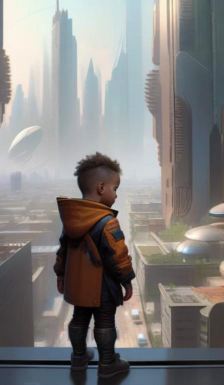 colse up on a toddler, half human half alien, trending on artstation, ultra futuristic city in the background, perspective depth, highly detailed, 8k, Rembrandt, WLOP, Craig Russell, Barry qindsor-smith, Greg rutkowski, Alphonse Mucha