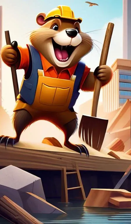 digital hyperrealism concept art of anthropomorphic beavers as construction builders that building city from sticks