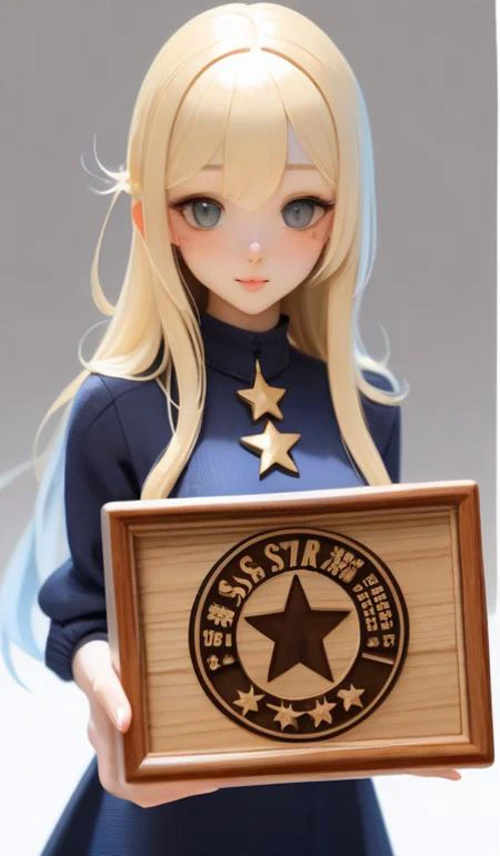 there is a fashion girl holding up a small wooden plaque carved with the word "5 STAR" in the center.