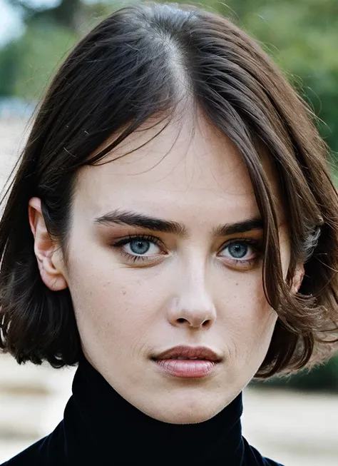 a close up of a woman with a black turtle neck top