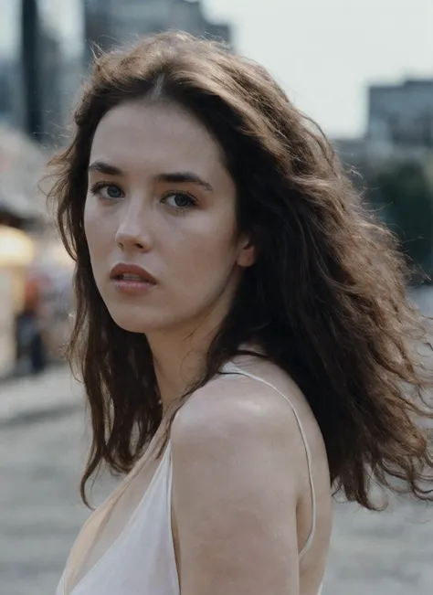 a woman with long hair standing on a street corner