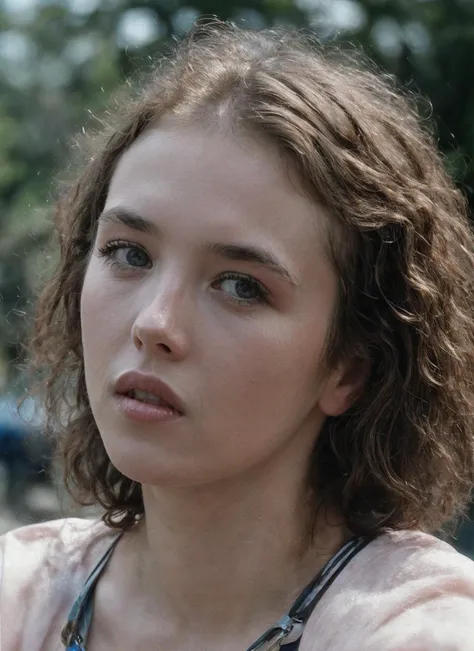 a close up of a woman with a necklace on her neck