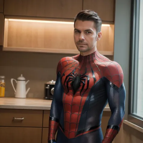 modelshoot style, masterpiece, sharp focus, a picture of spiderman, standing in a kitchen, 5 oclock shadow, stubble, age 43