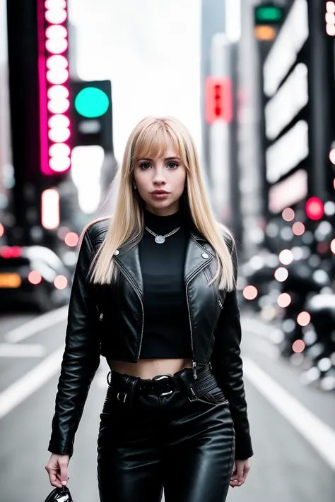 RAW photo, of a AmandaLee-900-2000 wearing leather jacket posing in cyberpunk city streets, (high detailed skin:1.2), 8k uhd, dslr, soft lighting, high quality, film grain, Fujifilm XT3