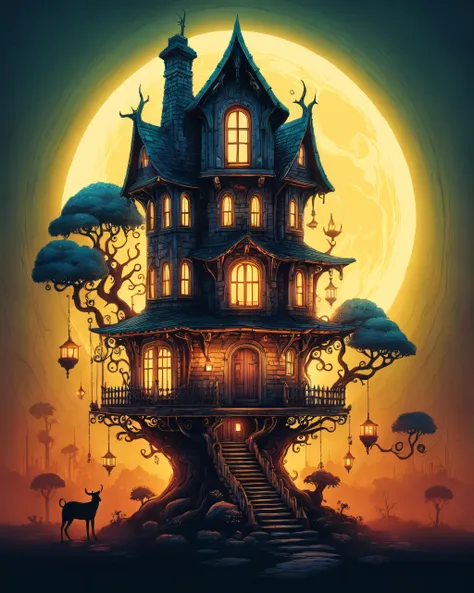 a house with a tree house on top of it in front of a full moon