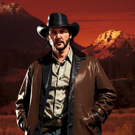 R3DD34Dstyle,
(Keanu Reeves), old west scene, old west clothing, ((hands in pockets)),
high ground in mountains, very sad, cowboy hat, brown jacket, blue shirt, dark sky, early sunset, forest in the distance