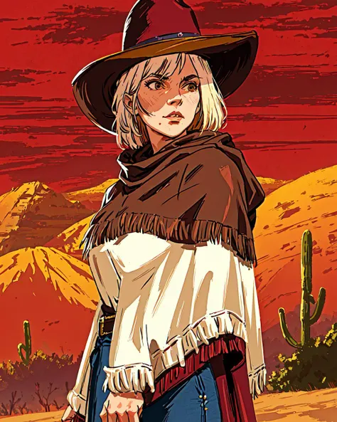 R3DD34Dstyle, digital painting, clint eastwood, cowboy hat, (bright brown poncho:1.3), in the desert, (red sky:1.3) <lora:R3DD34Dstyle:0.7>,white hair girl, masterpiece, best quality,