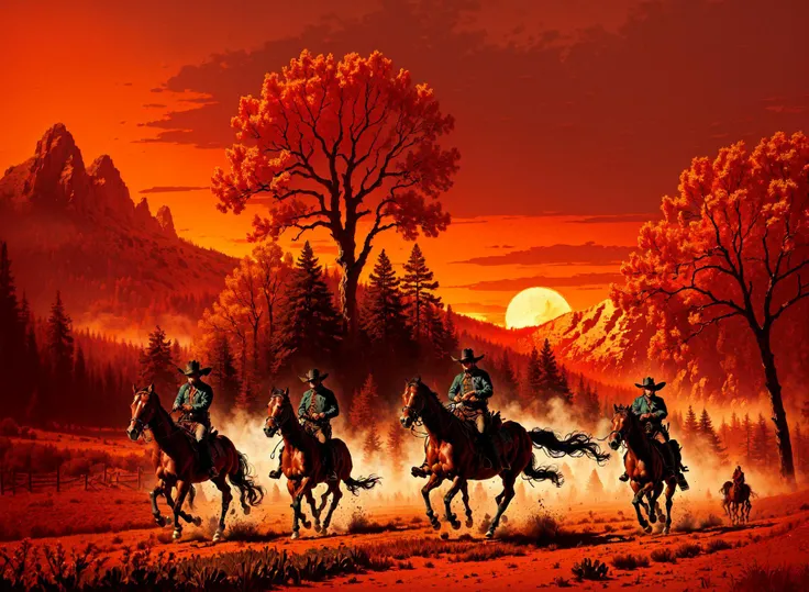 R3DD34Dstyle, digital painting, wild west, cowboys are riding horses in the field, beautiful nature, sunset, trees, mountains, wind  <lora:R3DD34Dstyle:0.7>