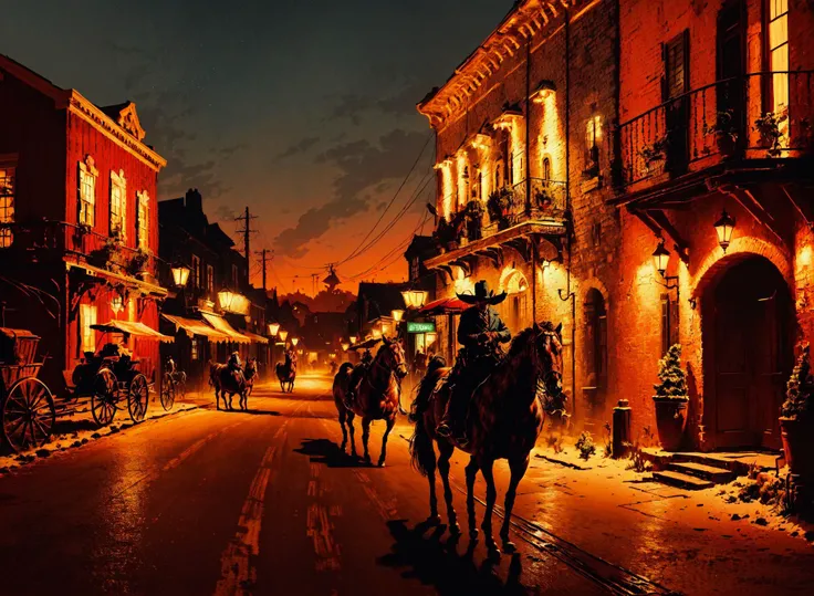 R3DD34Dstyle, digital painting, 19 century wild west new orlean, wind, city lights  <lora:R3DD34Dstyle:0.8>