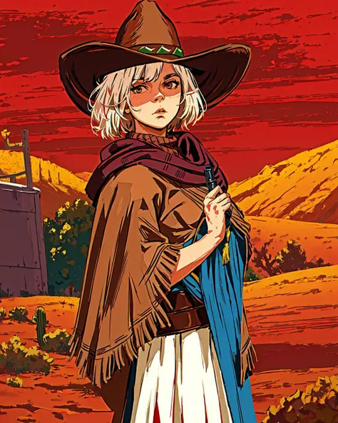 R3DD34Dstyle, digital painting, clint eastwood, cowboy hat, (bright brown poncho:1.3), in the desert, (red sky:1.3) <lora:R3DD34Dstyle:0.7>,white hair girl, masterpiece, best quality,