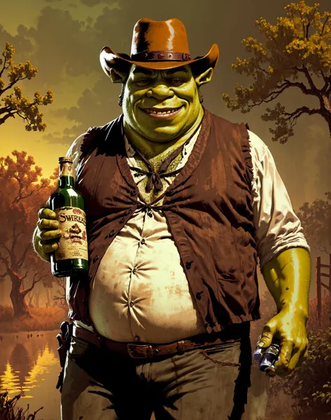 R3DD34Dstyle, digital portrait, fat ogre shrk <lora:Shrek_remasteredV1:0.66>, smile, holding a bottle of wiskey, cowboy hat, green skin, white shirt, brown vest, in scary swamp, evening, fog, horror, green sky  <lora:R3DD34Dstyle:0.7>