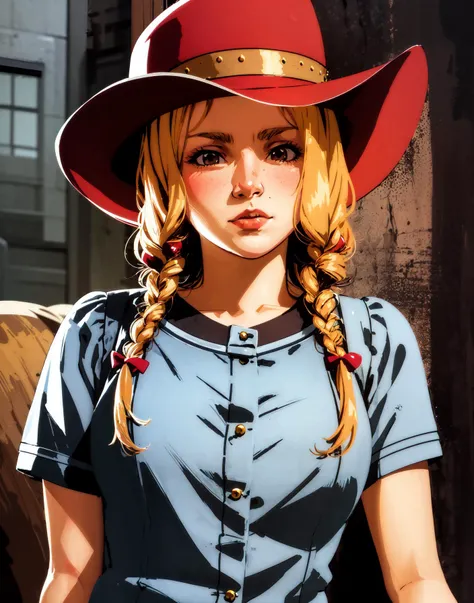 R3DD34Dstyle, portrait, 1girl, cowboy hat, red sky, (anime:1.2) <lora:R3DD34Dstyle:0.7>