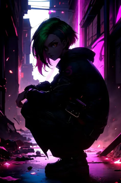 a person with green hair and a black jacket crouching down