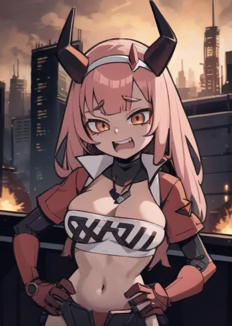 zero two (darling in the franxx), 1girl, solo, horns, long pink hair, expression chart, makeup,teeth, red body suit, skin tight, athletic, sci-fi, dystopian city, mecha in the distance, flat chest,fire, burning, embers, technology, depth, (Highest Quality,...