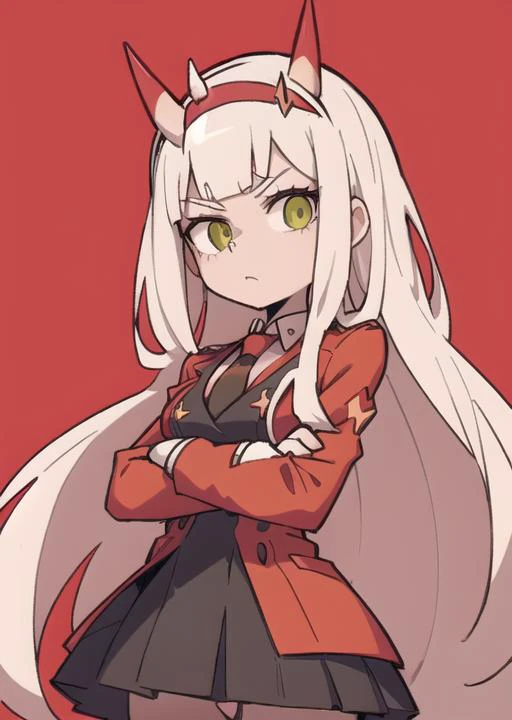 zero two (darling in the franxx), darling in the franxx, 1girl, bangs, black eyeliner, blunt bangs, character name, closed mouth, coat, cowboy shot, crossed arms, dress, green eyes, hairband, horns, long hair, looking at viewer, military, military uniform,...