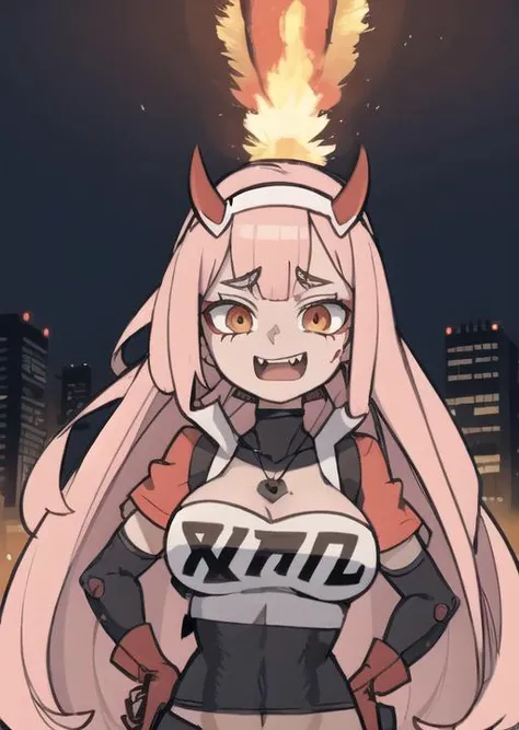 zero two (darling in the franxx), 1girl, solo, horns, long pink hair, expression chart, makeup,teeth, red body suit, skin tight, athletic, sci-fi, dystopian city, mecha in the distance, flat chest,fire, burning, embers, technology, depth, (Highest Quality,...