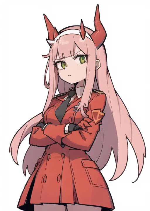 zero two (darling in the franxx), darling in the franxx, 1girl, bangs, black eyeliner, blunt bangs, character name, closed mouth, coat, cowboy shot, crossed arms, dress, green eyes, hairband, horns, long hair, looking at viewer, military, military uniform,...