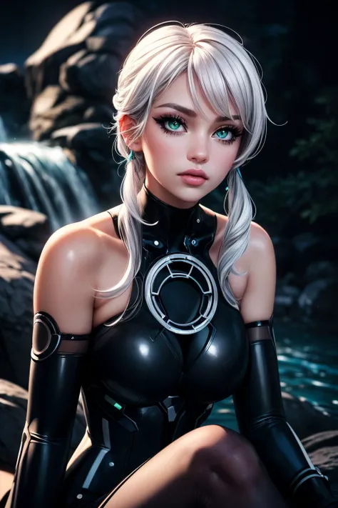 (ultra realistic,32k,RAW photo:1.1),(high detailed skin:1.1), 8k uhd, dslr, high quality, film grain, (makeup, mascara:1.1), lips,(thicklips), 
(shiny glossy translucent clothing:1.1), <lora:Black Sister (Neptunia):0.8>blacksister,   white hair, (green eye...