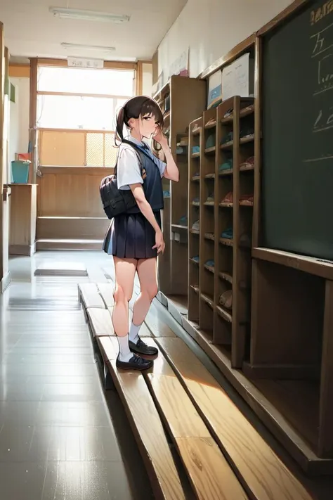 there is a young girl standing on a bench in a school