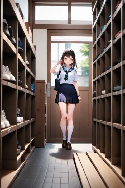 arafed image of a woman in a school uniform walking through a room