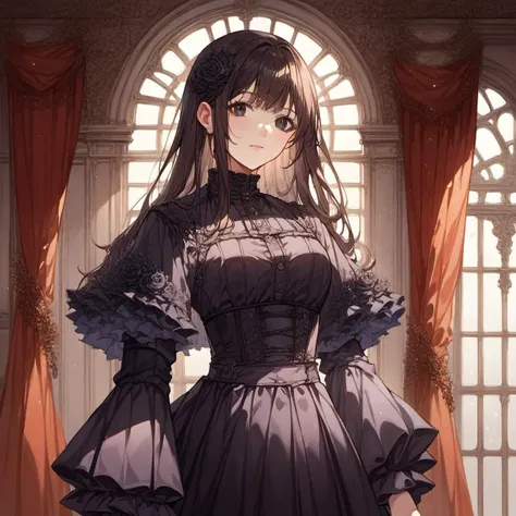 anime girl in a black dress standing in front of a window