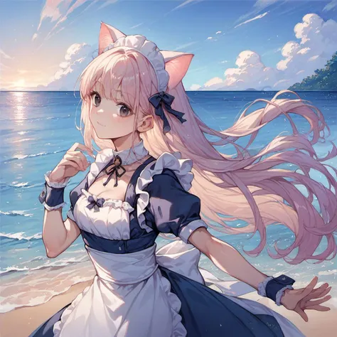 anime girl with long pink hair standing on the beach