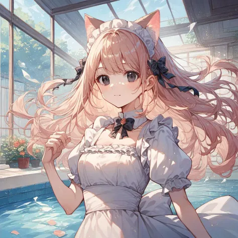 anime girl with long hair in a white dress standing in a pool