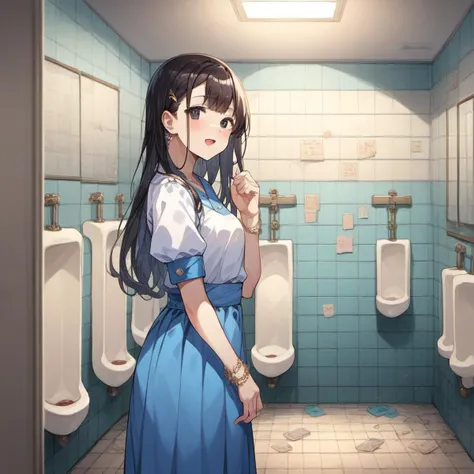 anime girl in a blue dress standing in a public restroom