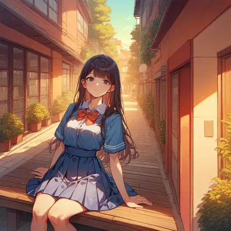 anime girl sitting on a bench in a narrow alley