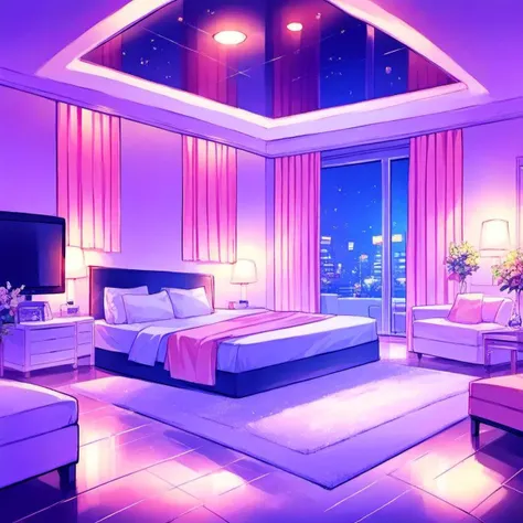 purple bedroom with a large bed and a tv in the corner