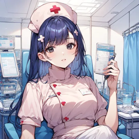 anime nurse holding a cell phone in a hospital room