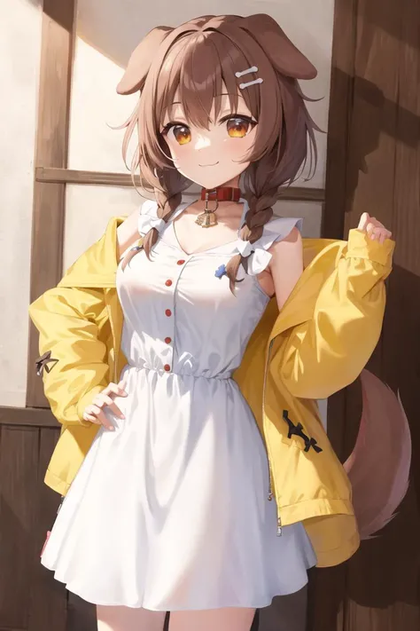 anime girl in a yellow raincoat and white dress posing for a picture