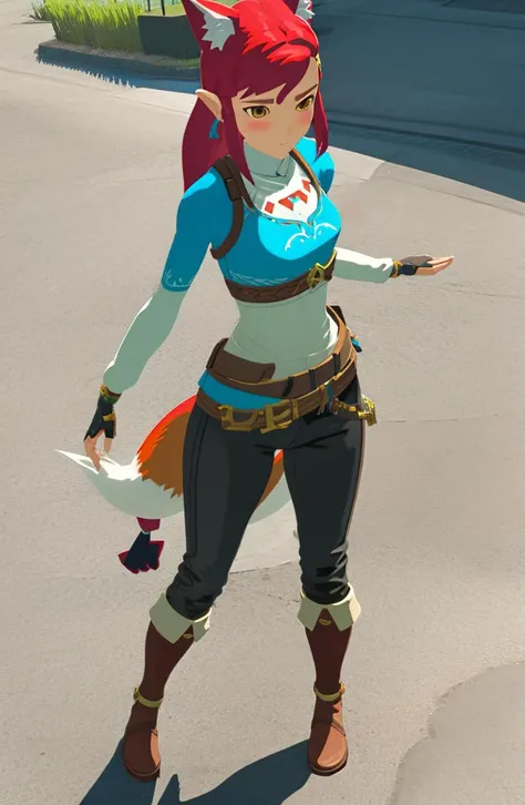 1girl, red hair, fox ears, crop top, pants, <lora:Style - BOTW:1> botw style,