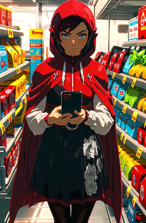 botw style, <lora:Style - BOTW:1> ruby rose, cowboy shot, solo, 1girl, ruby rose, expressionless, looking at viewer, holding phone, headphones, hood up, black dress, long sleeves, red cape, pantyhose, indoors, grocery store <lora:Char - RubyRosev2:1>