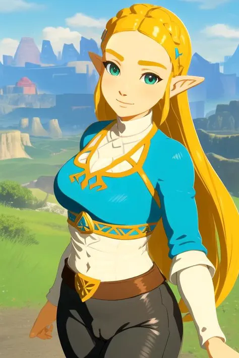 blushing, closeup, wide angle, ((looking back at viewer)), happy, smiling, walking, ass,
(walking on the top of a grassy hill, mountains in the background), outdoors,
solo, ((masterpiece)) ,  <lora:botw_style_offset:0.8>, botw style, princess zelda, 1girl,...