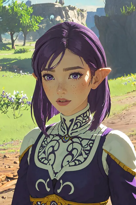 botw style, (masterpiece:1.4, best quality), (intricate details), unity 8k wallpaper, ultra detailed, beautiful and aesthetic, (photorealistic:1.4), perfect lighting, 1girl, purple hair, bangs, purple eyes, short hair, small breasts, freckles, outdoors, na...