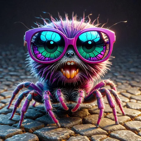 helios,psyche  cute spider using sunglass, wide range of colors., dramatic,dynamic,cinematic,sharp details
insane quality. insan...