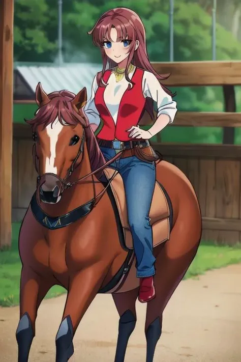 masterpiece, best quality,1girl,<lora:GoodHands-vanilla:0.8> <lora:anmnr01:0.3> <lora:add_detail:0.5>,  <lora:mariaV1:0.7>,maria,cowboy costume,riding horse,ranch,jeans,leather vest,prancing horse