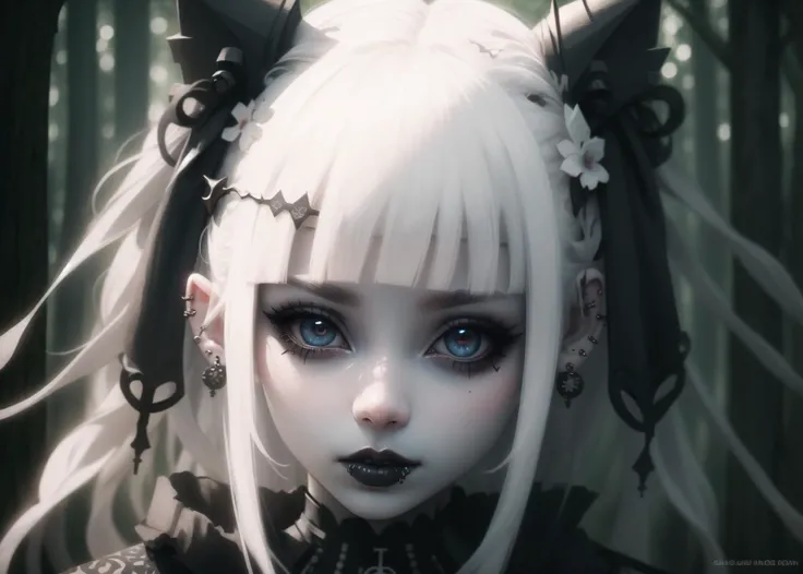 ((best quality)), ((masterpiece)), (detailed), (high contrast), (intricate details), extremely detailed face, detailed eyes, detailed lips, young goth punk girl, ear piercings, teen, black eyes,<lora:Gothpunk_V2:0.7>, (pale skin:1.4), creepy forest, eyelin...