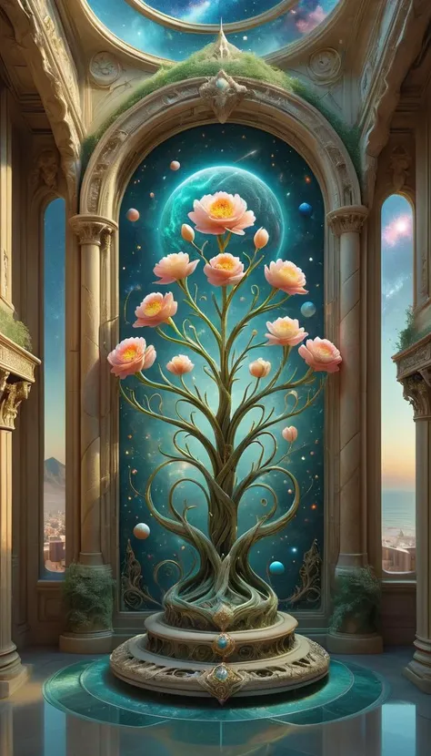 a painting of a tree with flowers in a building