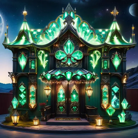 hyper detailed masterpiece, dynamic, awesome quality,DonM3lv3sXL celestial poker and blackjack lounge, rhyolite stone,metal roofing sheets,metal roofing roof, string lights (fairy lights), wall grazing <lora:DonM3lv3sXL-000005:0.85>