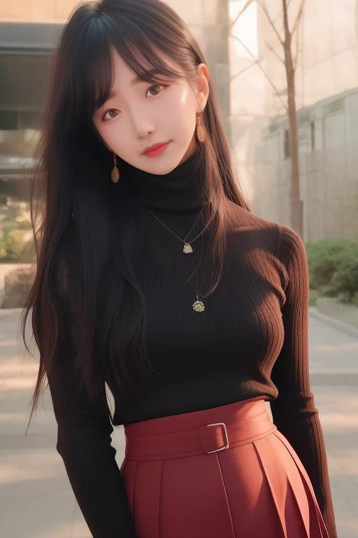 jinnytty <lora:jinnytty_v1_417_andyxn:0.50>, award winning photoshoot, portrait, upper body, a woman wearing a turtle neck sweater, long skirt, Seoul korea, glowing hair, sharp lighting, shadows