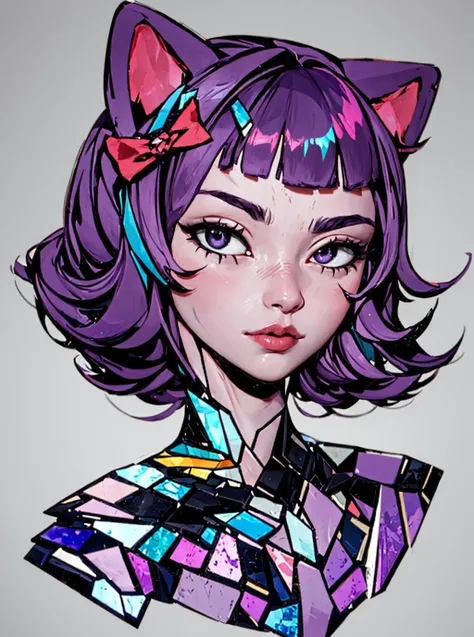 (Mosaic:1.1) of adult woman, Masunya wearing a hair bow, cat ears, (purple skin color:0.8), solo, mosaic style <lora:my_LoRA_masunya_v3:0.8>, cinematic lighting, detailed, sharp, HD, HDR, masterpiece, best quality, best resolution